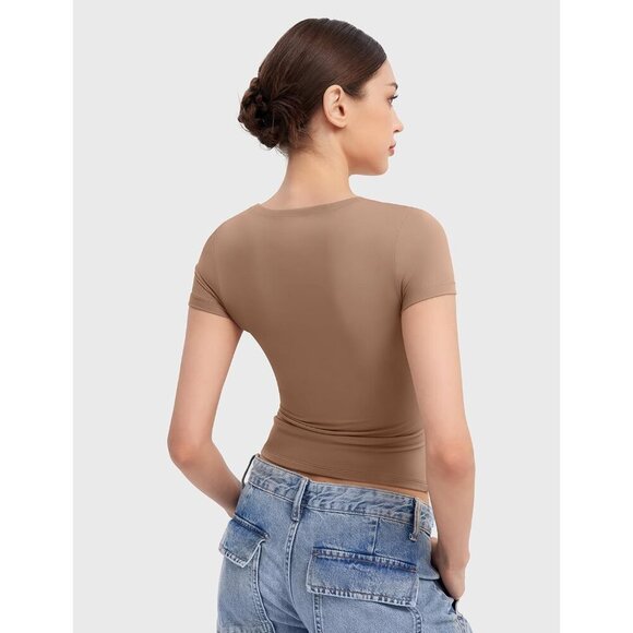 Women Short Sleeve Scoop Neck Crop Top Summer Slim Fit Tee Basic Casual - Picture 4 of 7